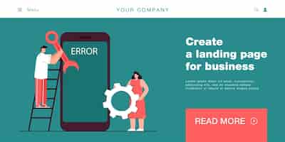 Free vector people trying repairing smartphone showing error notice. flat vector illustration banner. man and woman fixing cellphone malfunction breaking. virus spam, scam concept, technology.