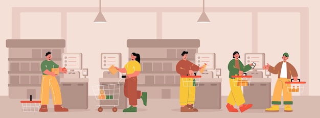 Le persone usano il pagamento self-service al supermercato. sistema automatico di spesa con assistenza robotica di cassa intelligente. moderna tecnologia di pagamento nel mercato del negozio, illustrazione vettoriale piatta line art