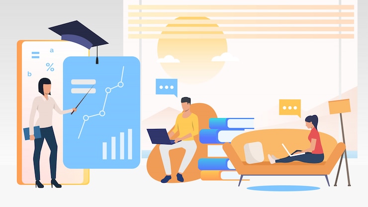Free Vector people using computers and studying at online school at home