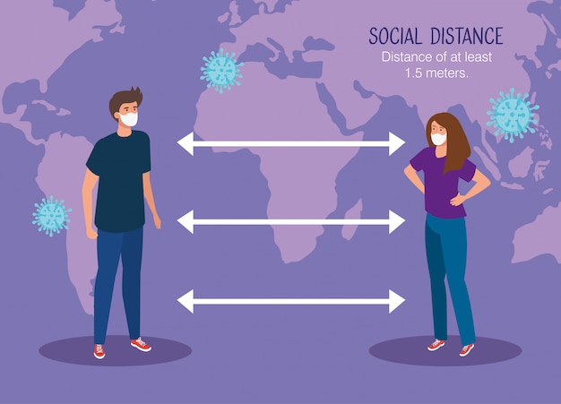 Free vector people using face masks with social distancing for covid19