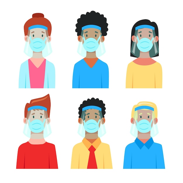 Free vector people using face shield and mask concept