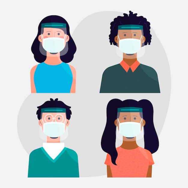 Free vector people using face shield and mask