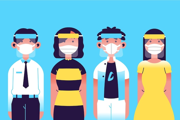 Free vector people using face shield and mask