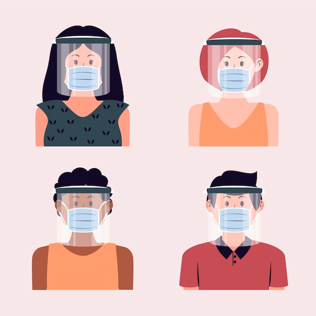 Free vector people using face shield and mask