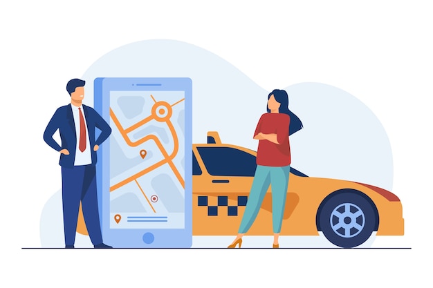 Vettore gratuito persone che utilizzano l'app di localizzazione e ordinano taxy.