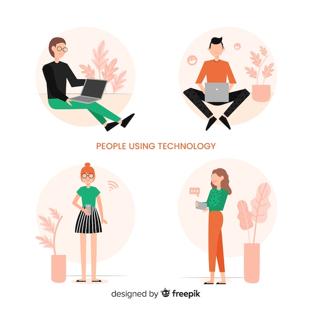 Free vector people using technological devices collection