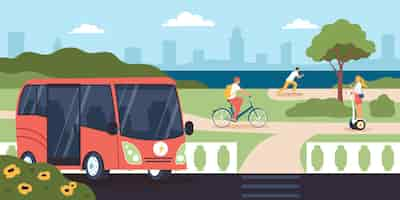 Free vector people using urban eco transport riding bicycle skateboard hoverboard electric bus flat concept vector illustration