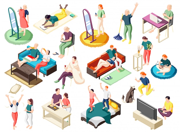 People during various activity at home on weekend set of isometric icons isolated