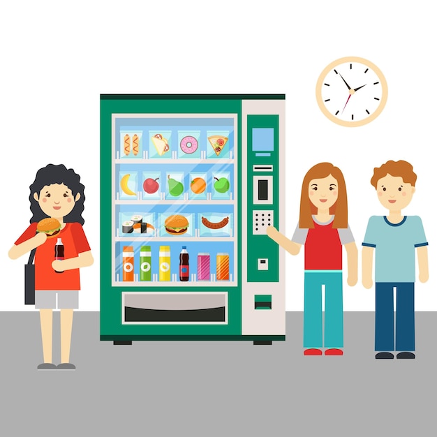 Vettore gratuito persone e distributore automatico o distributore di snack illustrazione.