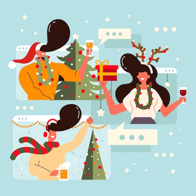 Free vector people video calling on christmas