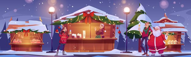 Люди посещают рождественский рынок с дедом морозом