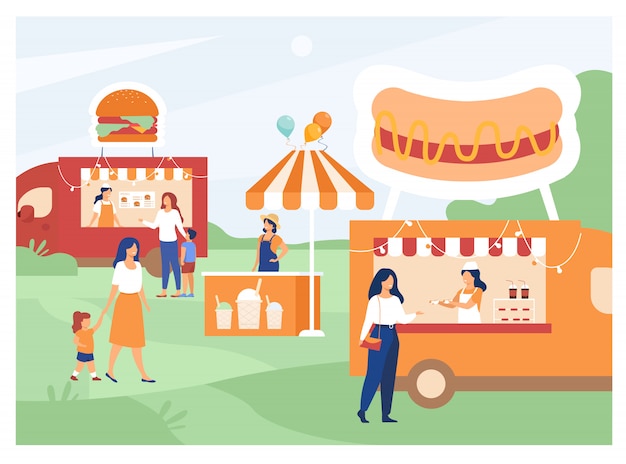Бесплатное векторное изображение Люди посещают ярмарку уличной еды