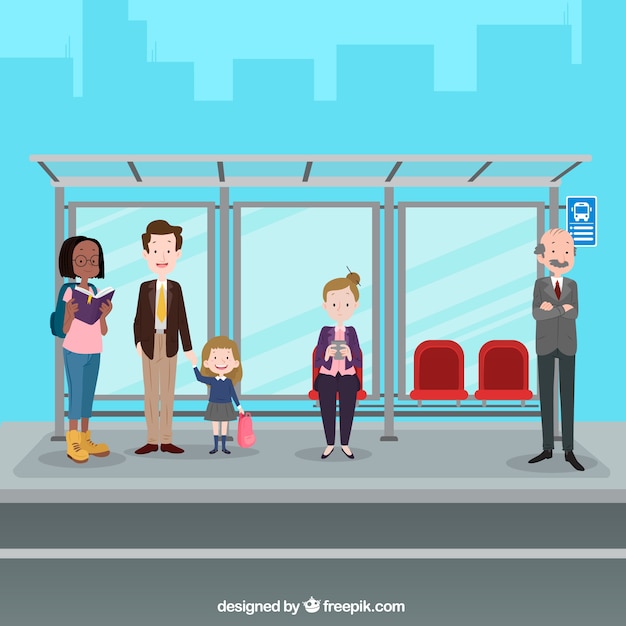 People waiting for the bus with flat design