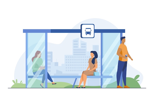 People Waiting Public Transport At Bus Stop. Bench, Reading, Cityscape Flat Vector Illustration. Transportation And Urban Lifestyle Concept