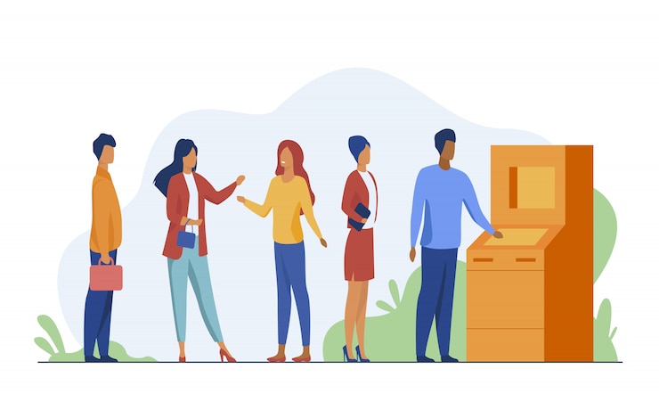 Free Vector people waiting in queue for bank machine