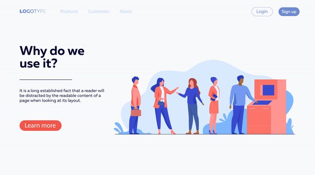 銀行のマシンのキューで待っている人々