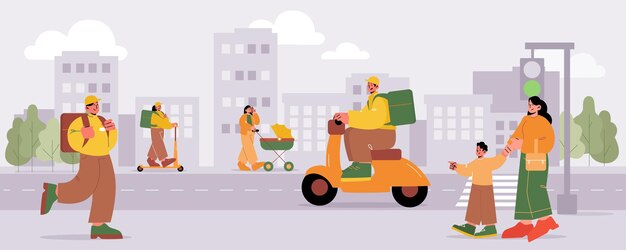 People walk at city street characters go along the road on cityscape background Mother with baby in stroller and toddler delivery couriers riding scooter and bicycle Line art vector illustration