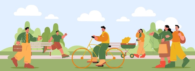 無料ベクター 人々は自転車に乗って歩いたり、公園でジョギングしたりします