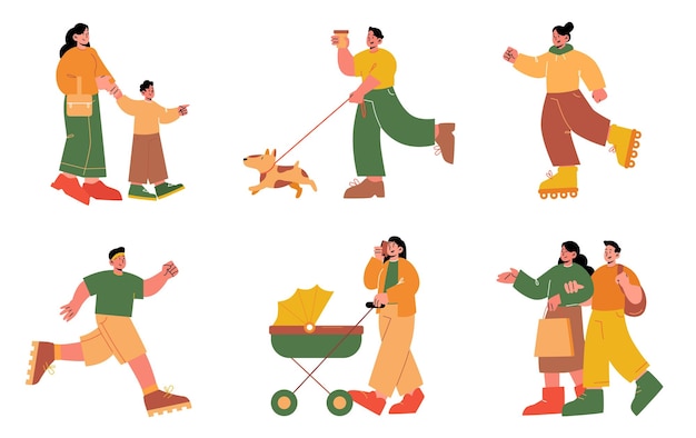 Free vector people walk with dog baby carriage kid jogging