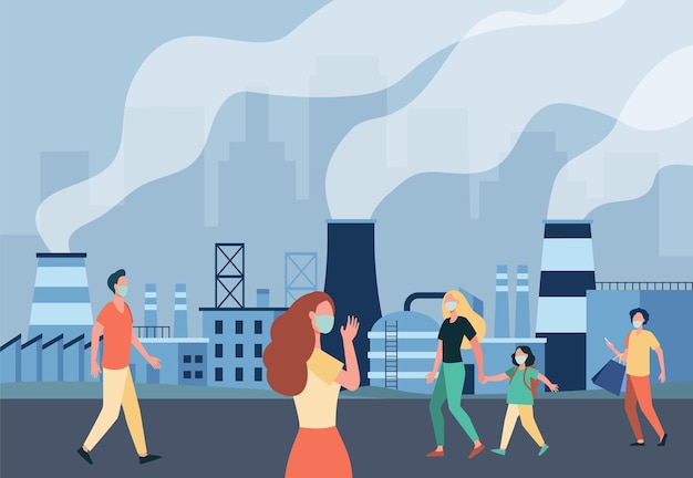 Persone che camminano lungo la strada in maschere isolato illustrazione piatta. personaggi dei cartoni animati che proteggono dalle emissioni atmosferiche e dallo smog da impianti industriali