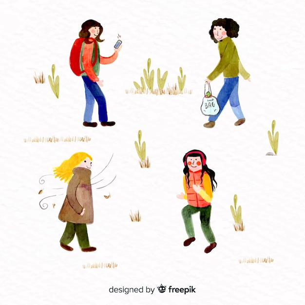 Free vector people walking in autumn flat design