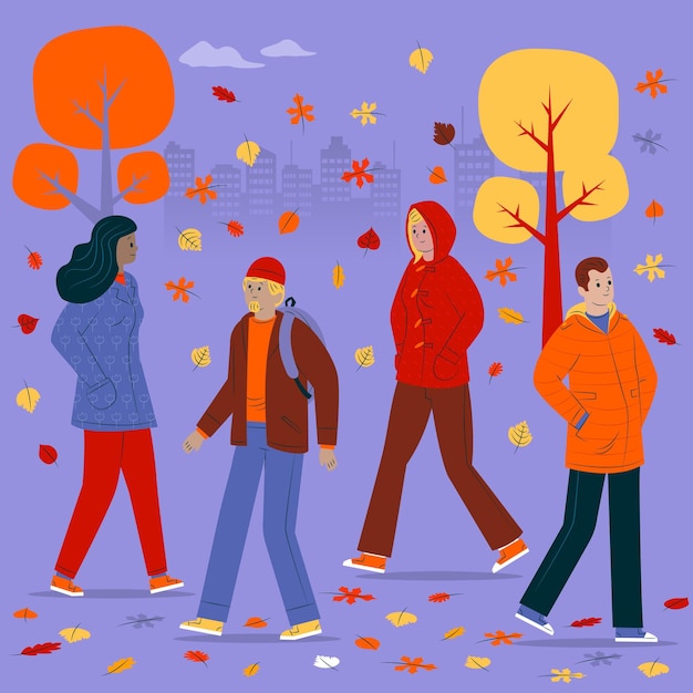 Free vector people walking in autumn outdoors