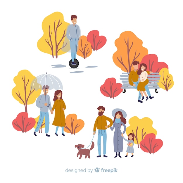 People walking in the autumn park flat design