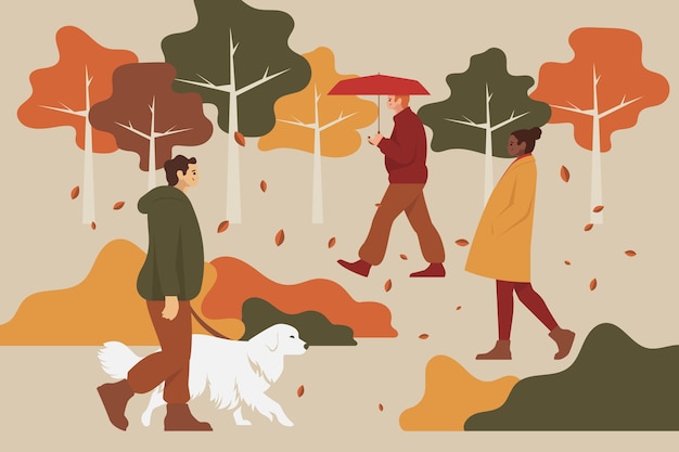 People walking in autumn park illustration