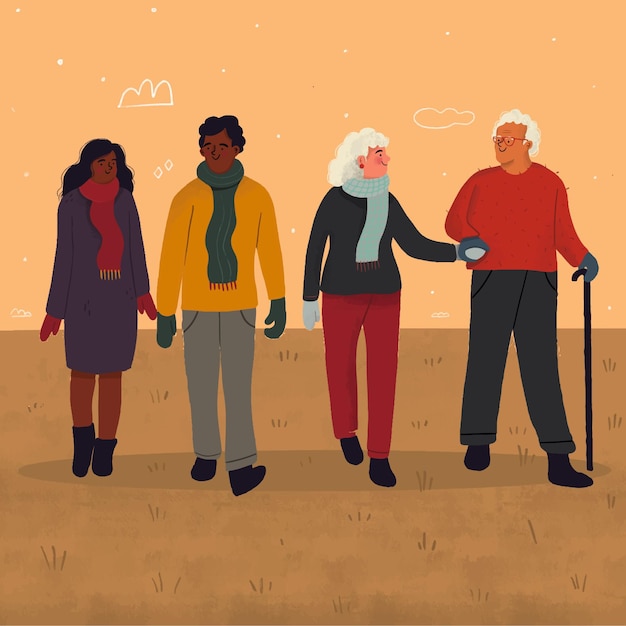 Free vector people walking in autumn