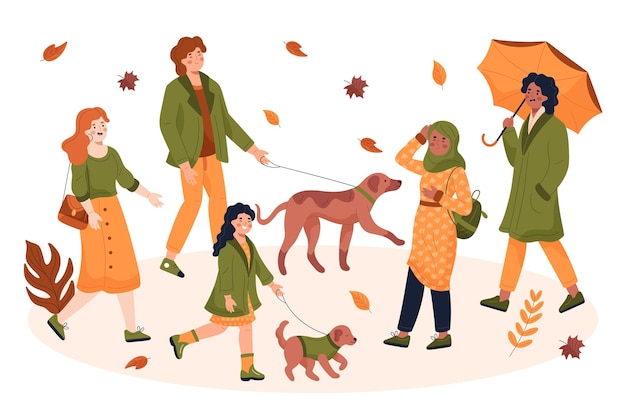 Free vector people walking in autumn