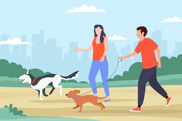 Free vector people walking the dog concept