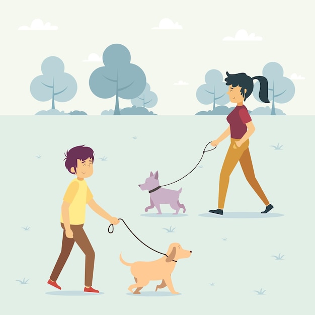 Free vector people walking the dog illustration