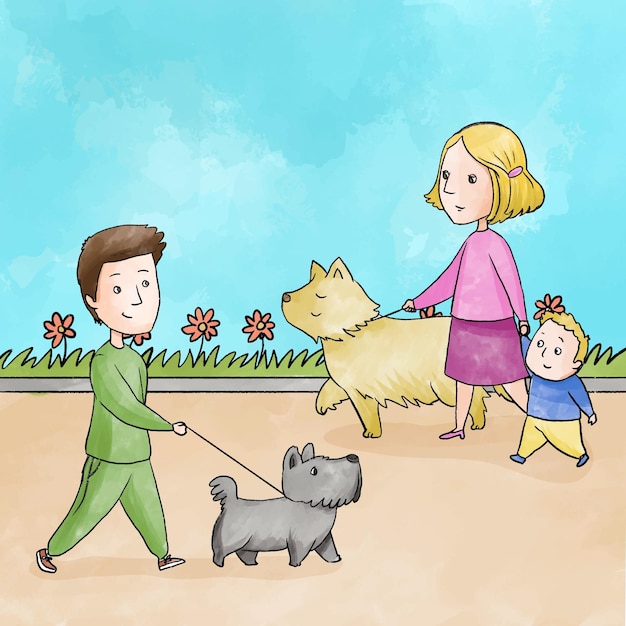 Free vector people walking the dog outdoors