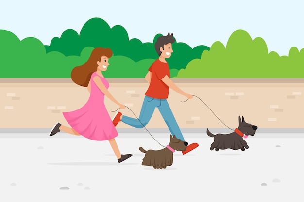 Free vector people walking the dog outdoors