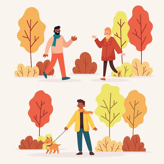 Бесплатное векторное изображение Люди, идущие осенью