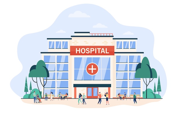 People walking and sitting at hospital building. City clinic glass exterior. Flat vector illustration for medical help, emergency, architecture, healthcare concept