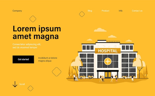 Free vector people walking and sitting at hospital building landing page in flat style