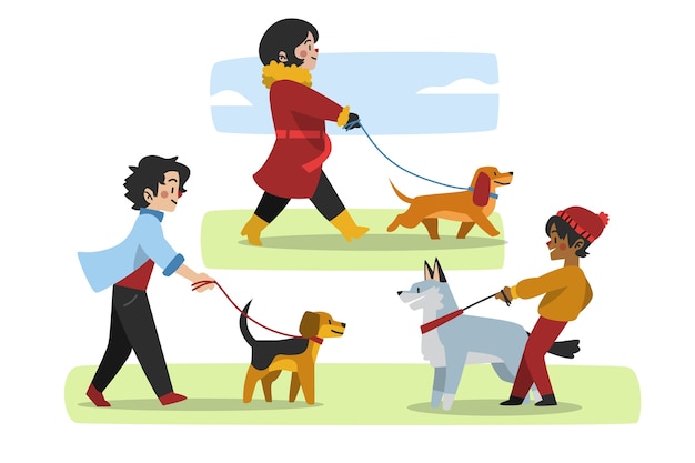 Бесплатное векторное изображение Люди гуляют с собакой