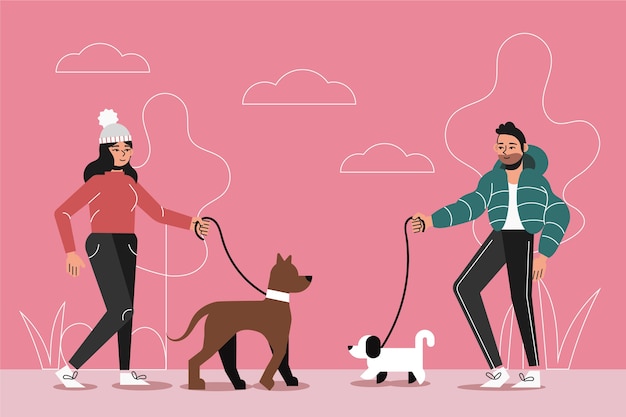 Free vector people walking their dog outside