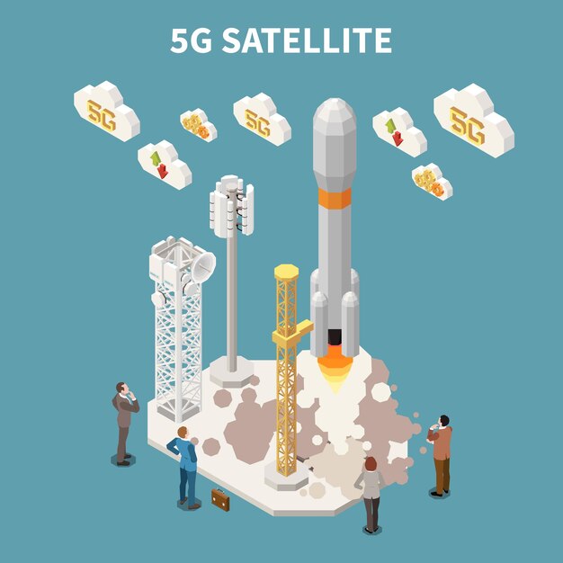 5g 인터넷 위성 발사 아이소 메트릭 그림을 보는 사람들