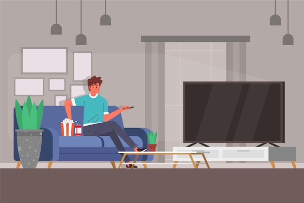 Free vector people watching a movie at home on tv