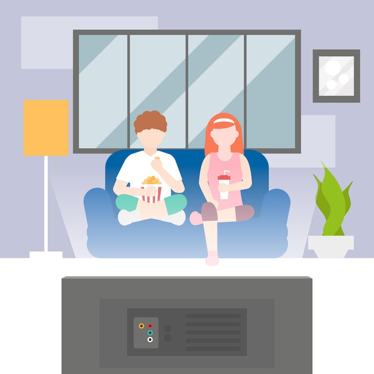 Free Vector people watching a movie at home