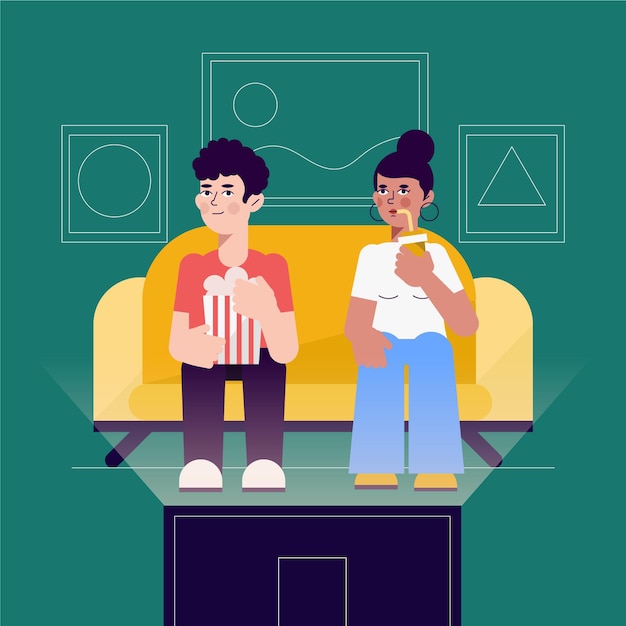 Free vector people watching a movie at home