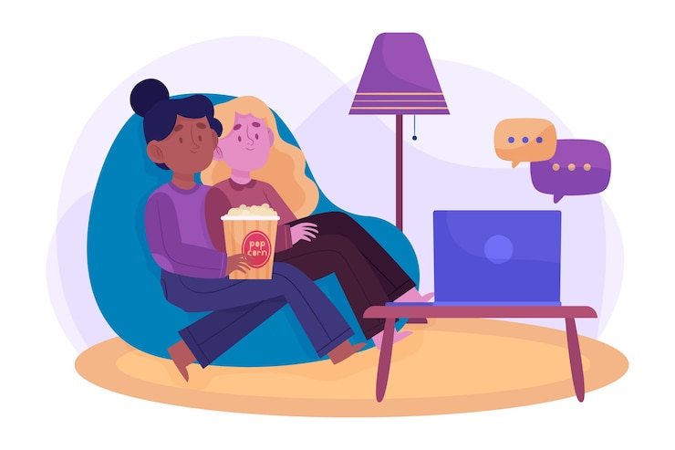 Free Vector people watching a movie at home