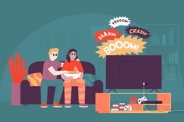 Free vector people watching a movie at home