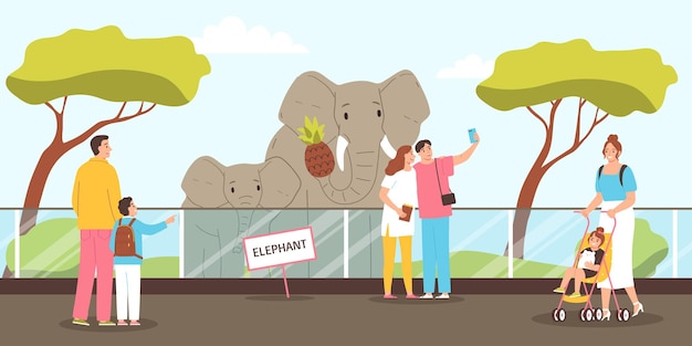 Free vector people watching and taking photo of elephants in zoo flat vector illustration