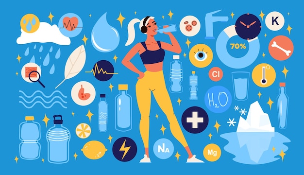Free vector people and water big flat color set with young woman in fitness suit drinking water from bottle isolated vector illustration