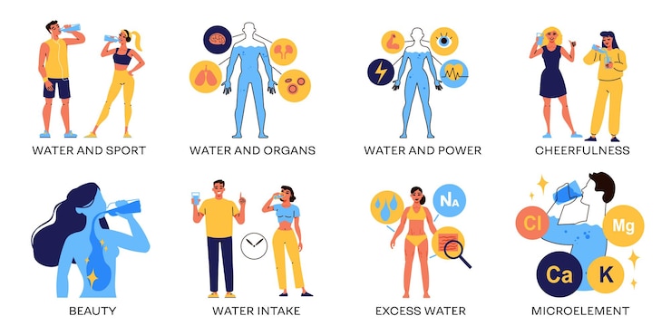 Free Vector people and water flat compositions depicting properties giving cheerfulness beauty power microelements isolated vector illustration