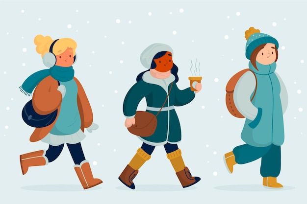 Free vector people wearing cozy winter clothes