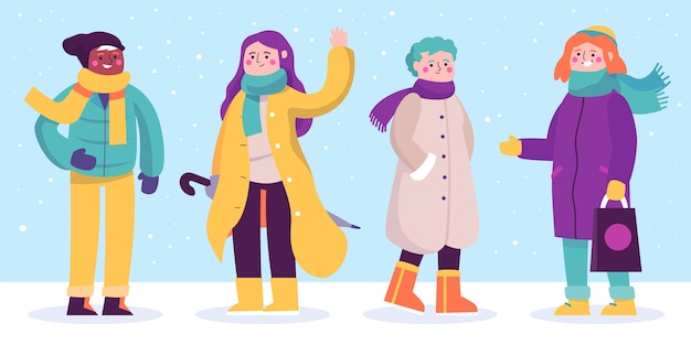 Free vector people wearing cozy winter clothes